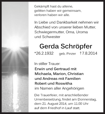 Traueranzeige von Gerda Schroepfer von Pegnitz-Zeitung
